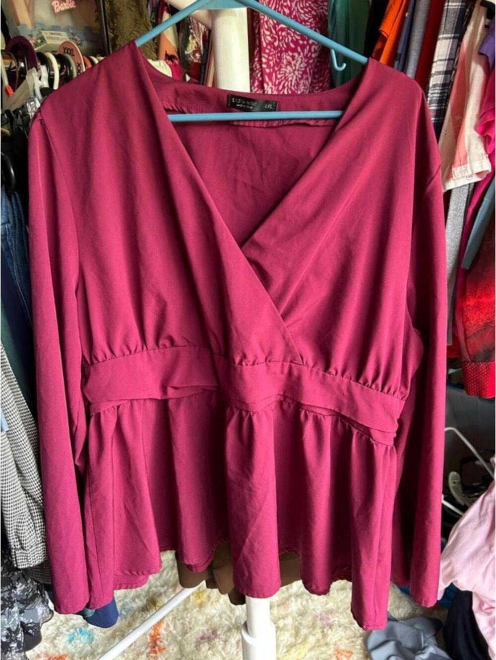 Shein Burgundy Long Sleeve Peplum Blouse Size 2XL